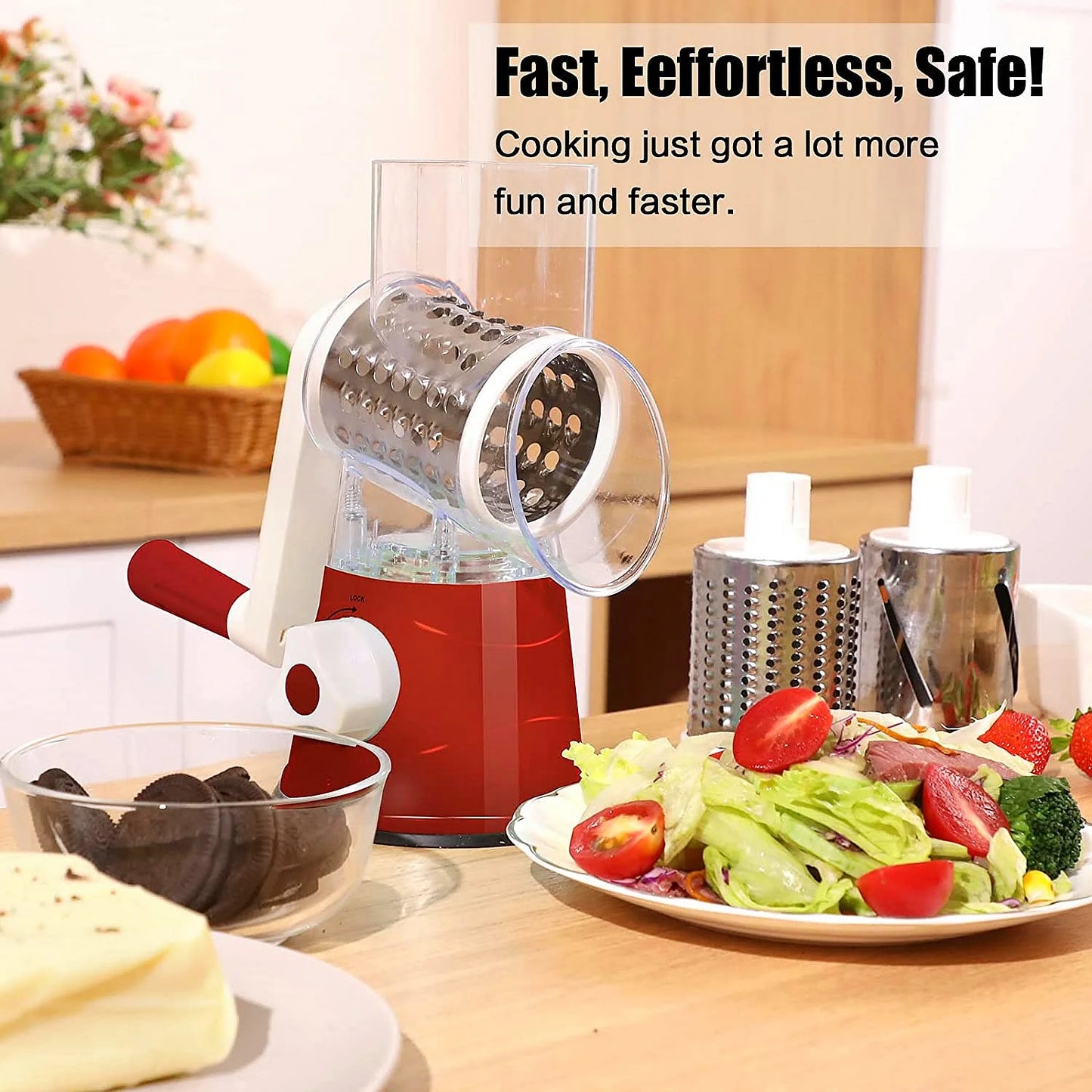 Rotary Cheese Grater, Vegetable Chopper, Efficient Graters for Kitchen with 3 Interchangeable round Stainless Steel Blades, Easy to Clean Cheese Shredder for Fruit, Vegetables, Nuts, Chocolat